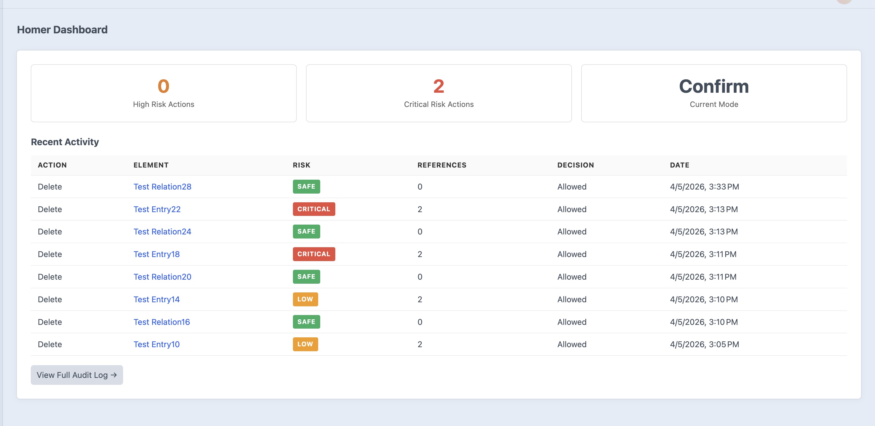 Homer control panel showing impact analysis and deletion safety warnings
