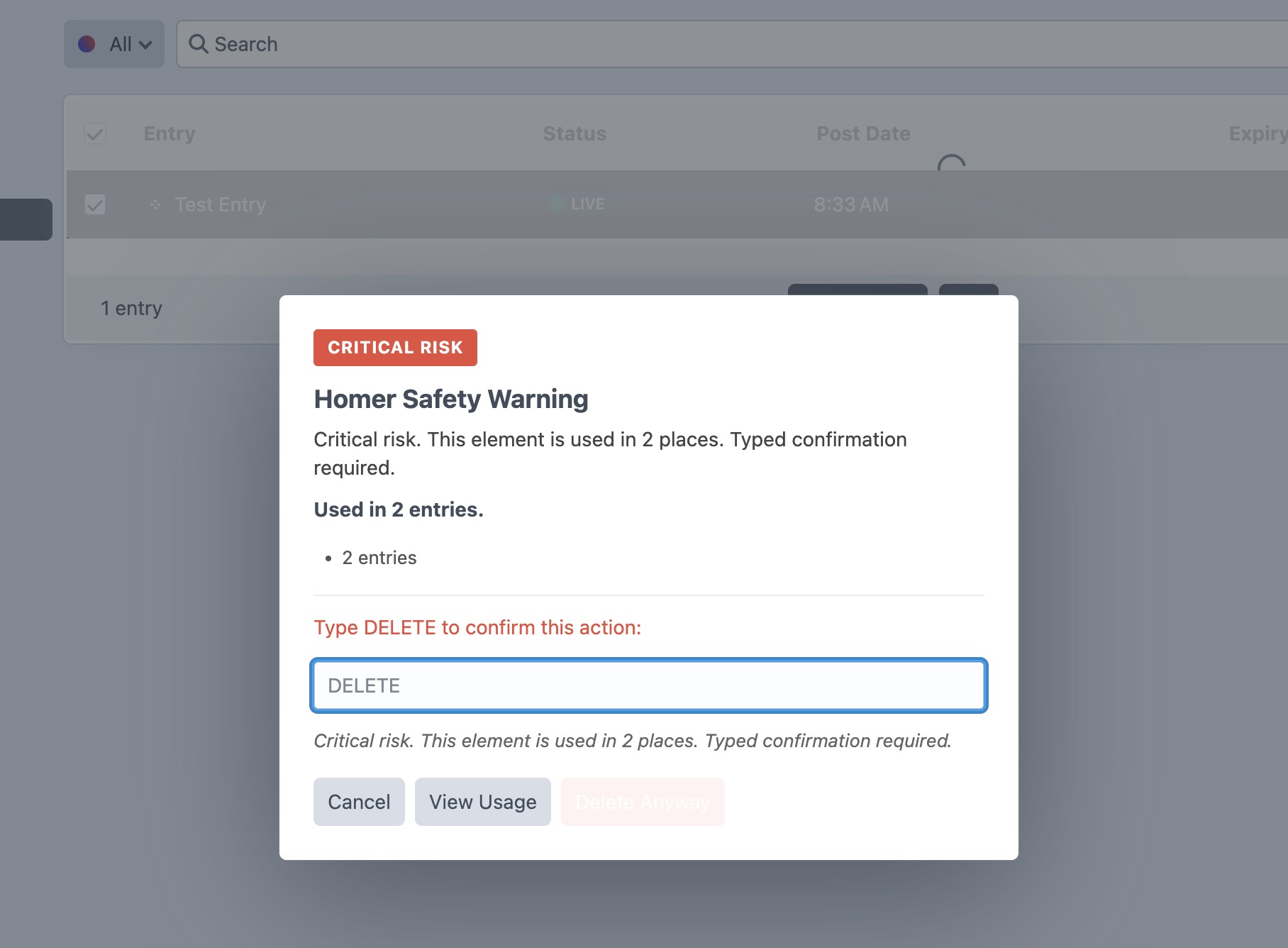 Homer deletion guard modal with risk badge and typed confirmation